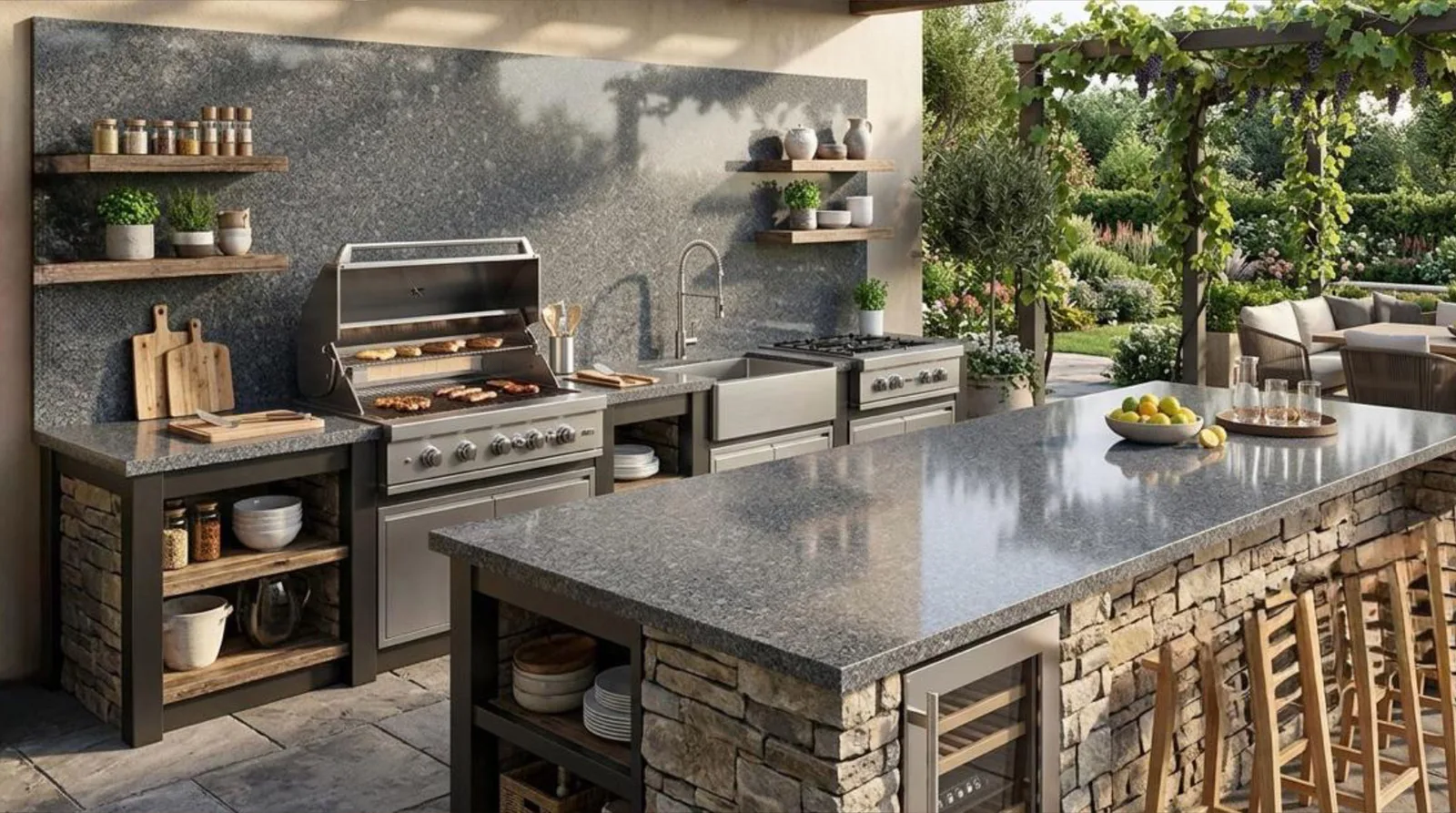 Outdoor kitchen with a granite backsplash and countertops and a stone-clad island