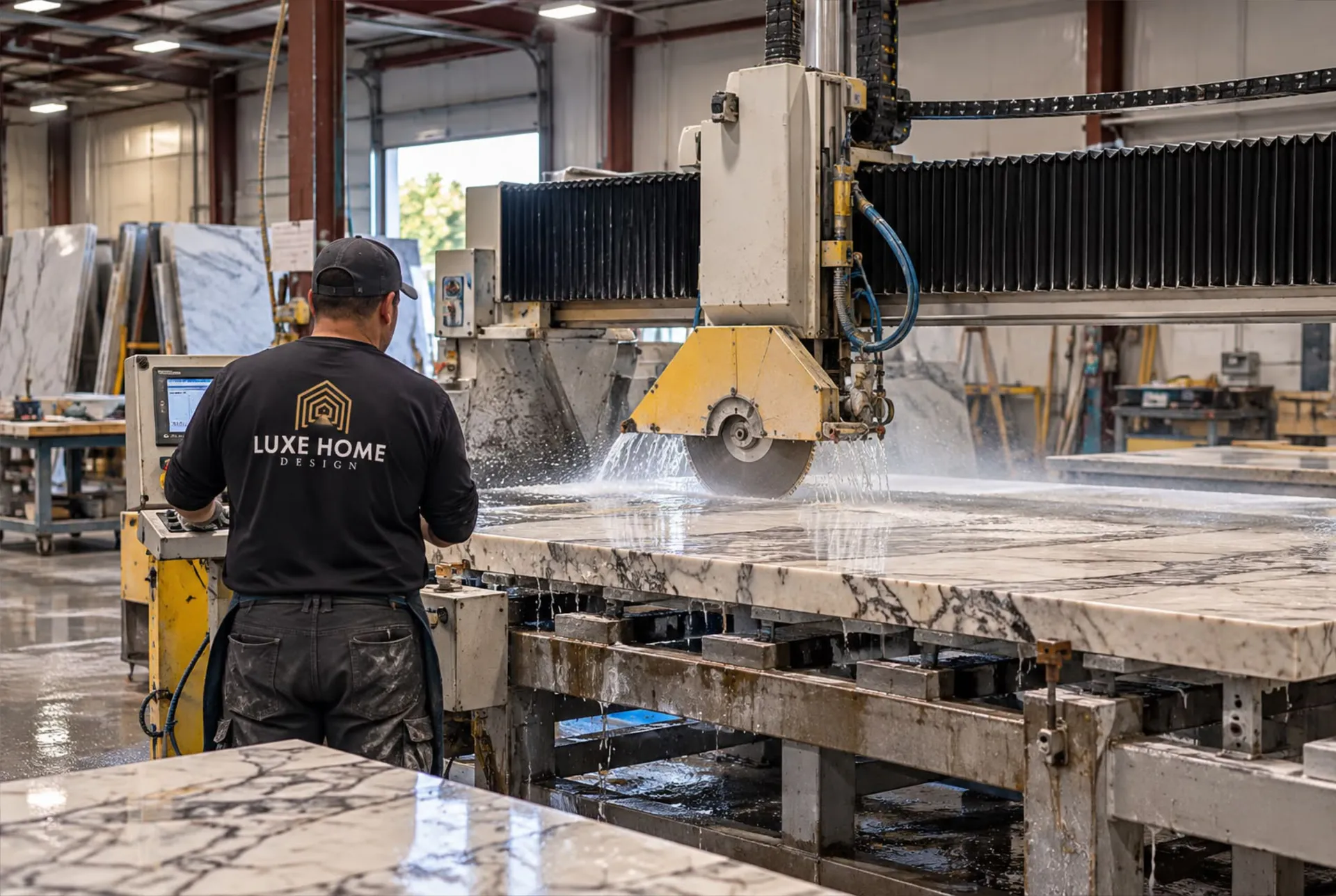 Craftsman cutting a marble slab with a water-cooled bridge saw in the Luxe Home Design workshop