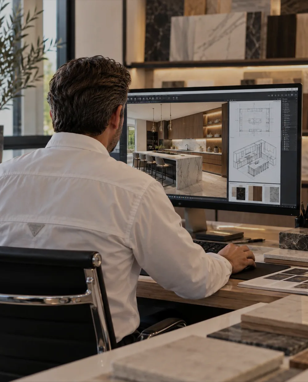 Designer working on a 3D kitchen design on a large monitor, surrounded by stone and wood samples